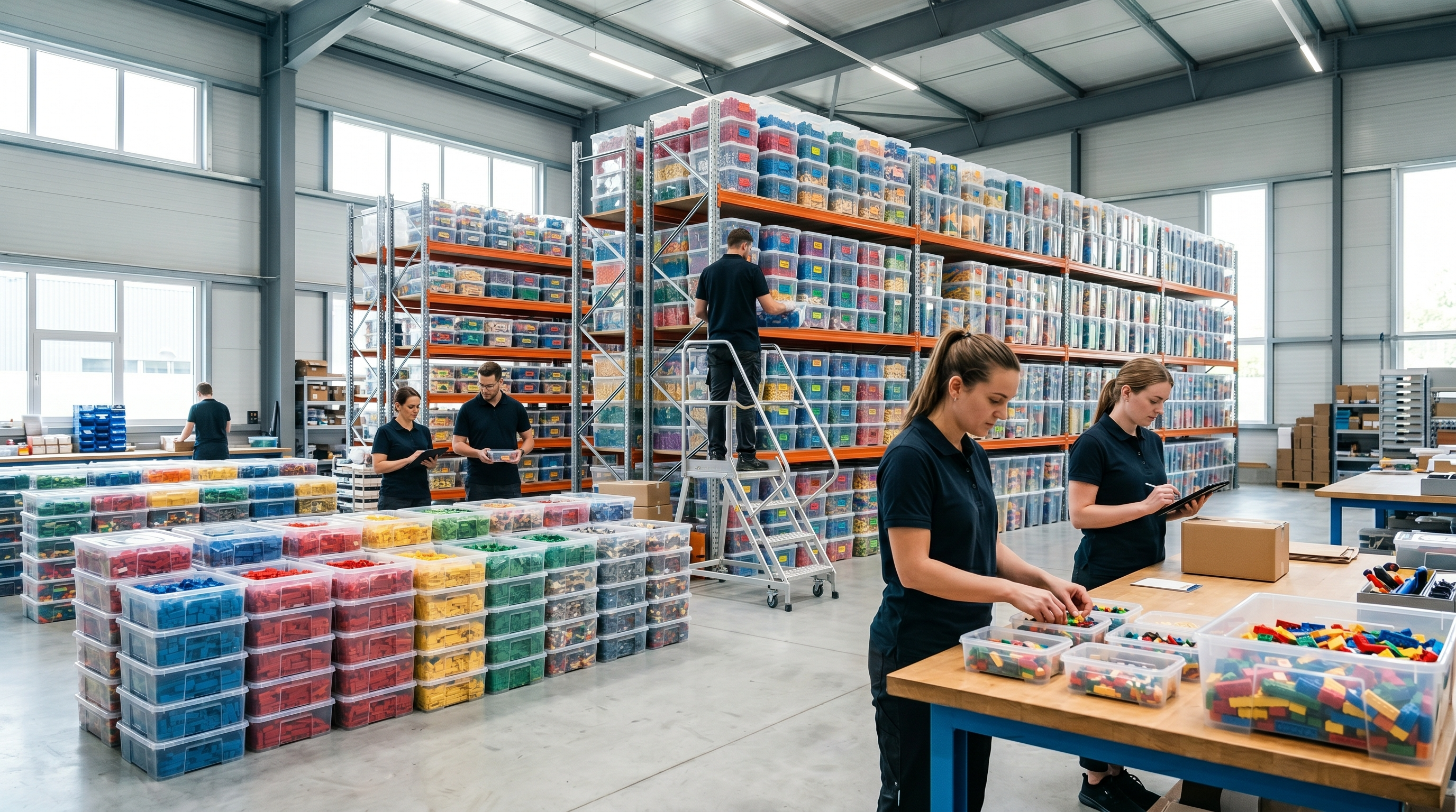 Duizenden LEGO® bouwstenen, gesorteerd en op voorraad in het magazijn van BrickMix